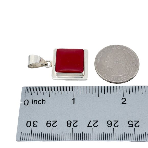 Square Red Enamel Pendant | Mexico Sterling Silver 925 - Picture 6 of 7